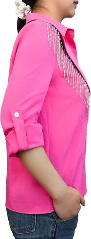 Women's Fringe Trim Shirts Long Sleeve Button Down Rhinestone Top Sparkly Shirt Blouse Cowgirl Western Country Concert Outfit in Saudi Arabia