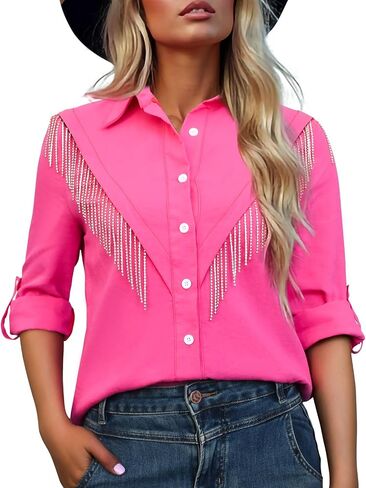 Women's Fringe Trim Shirts Long Sleeve Button Down Rhinestone Top Sparkly Shirt Blouse Cowgirl Western Country Concert Outfit in Saudi Arabia