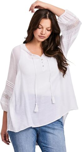 Women's Plus Size Pintuck Lace Peasant Top in Saudi Arabia