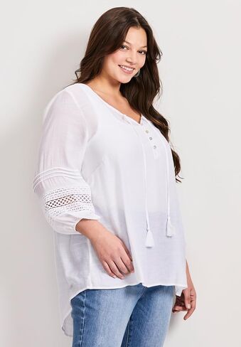 Women's Plus Size Pintuck Lace Peasant Top in Saudi Arabia