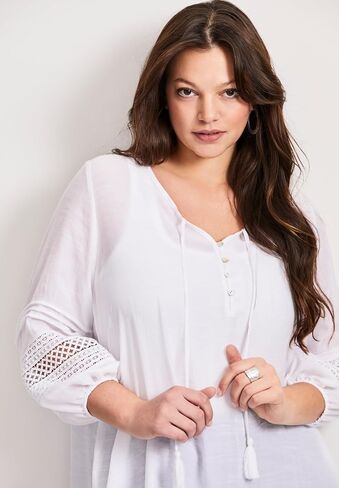 Women's Plus Size Pintuck Lace Peasant Top in Saudi Arabia