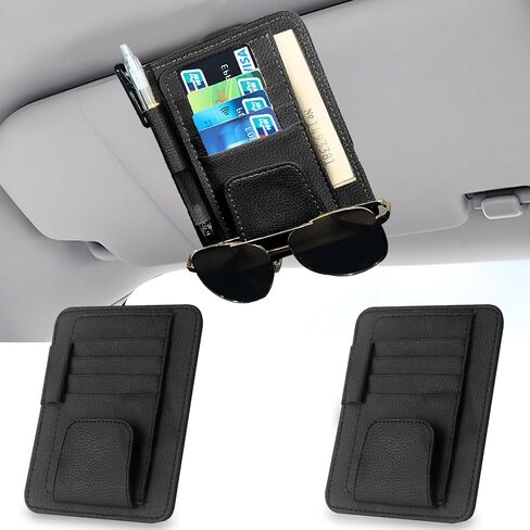 2Pcs Car Sun Visor Organizer, Slim Leather Sunglass Holder for Car, Auto Document Holder for Card, Sunglasses, Insurance, Registration, Pen, Receipt (Black) in Saudi Arabia