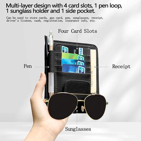 2Pcs Car Sun Visor Organizer, Slim Leather Sunglass Holder for Car, Auto Document Holder for Card, Sunglasses, Insurance, Registration, Pen, Receipt (Black) in Saudi Arabia