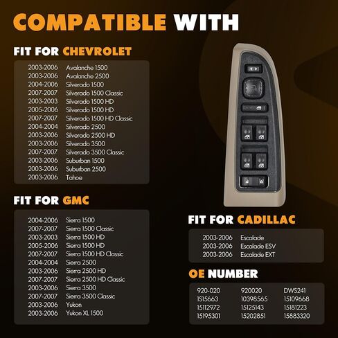 15883320 Front Driver Side Door Lock and Power Window Switch & Tan Bezel Assembly Fit for 2003-2007 Chevy Avalanche Silverado Suburban Tahoe GMC Yukon Sierra, Cadillac Escalade# 920-020 in Saudi Arabia
