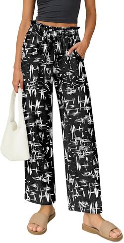 سروال بالازو النسائي على نطاق واسع من الساق عالية الخصر مع جيوب سراويل خفيفة الوزن خفيفة الوزن شاطئ الصيف مرنة in Kuwait