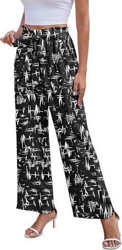 سروال بالازو النسائي على نطاق واسع من الساق عالية الخصر مع جيوب سراويل خفيفة الوزن خفيفة الوزن شاطئ الصيف مرنة in Kuwait