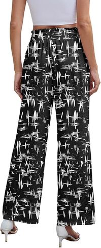 سروال بالازو النسائي على نطاق واسع من الساق عالية الخصر مع جيوب سراويل خفيفة الوزن خفيفة الوزن شاطئ الصيف مرنة in Kuwait