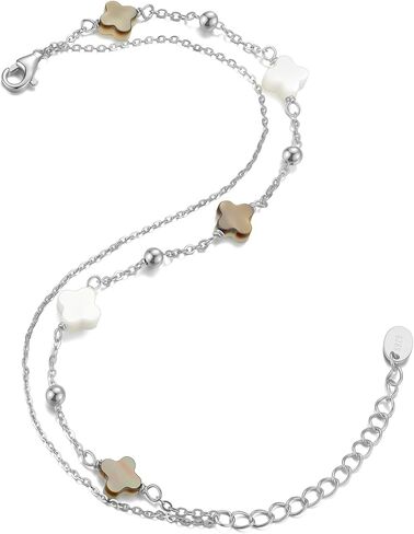 925 Sterling Silver Clover Bracelet with White and Black Mother of Pearl Charm, Four Leaf Lucky Small Gift for Women in Saudi Arabia