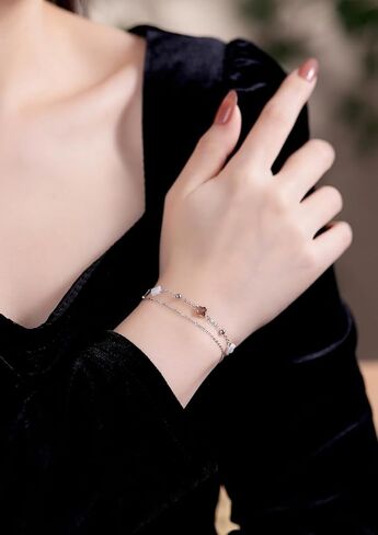 925 Sterling Silver Clover Bracelet with White and Black Mother of Pearl Charm, Four Leaf Lucky Small Gift for Women in Saudi Arabia