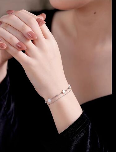 925 Sterling Silver Clover Bracelet with White and Black Mother of Pearl Charm, Four Leaf Lucky Small Gift for Women in Saudi Arabia