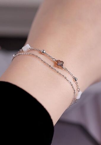 925 Sterling Silver Clover Bracelet with White and Black Mother of Pearl Charm, Four Leaf Lucky Small Gift for Women in Saudi Arabia
