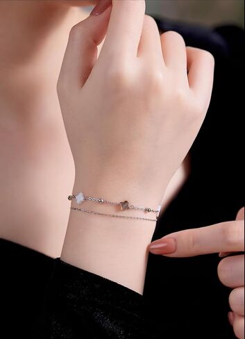 925 Sterling Silver Clover Bracelet with White and Black Mother of Pearl Charm, Four Leaf Lucky Small Gift for Women in Saudi Arabia