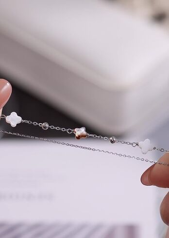 925 Sterling Silver Clover Bracelet with White and Black Mother of Pearl Charm, Four Leaf Lucky Small Gift for Women in Saudi Arabia