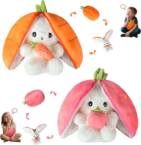 Easter Bunny Stuffed Animal Plush Pillow Cute Bunny Stuffies Hiding Under Carrot/Strawberry Kawaii Toy Pillow Decoration Gift for Girlfriends and Children in Saudi Arabia