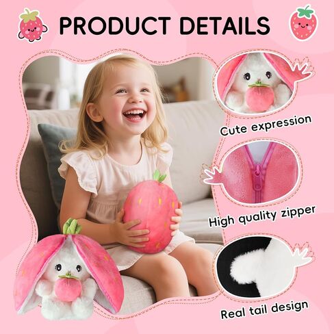 Easter Bunny Stuffed Animal Plush Pillow Cute Bunny Stuffies Hiding Under Carrot/Strawberry Kawaii Toy Pillow Decoration Gift for Girlfriends and Children in Saudi Arabia
