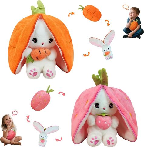 Easter Bunny Stuffed Animal Plush Pillow Cute Bunny Stuffies Hiding Under Carrot/Strawberry Kawaii Toy Pillow Decoration Gift for Girlfriends and Children in Saudi Arabia