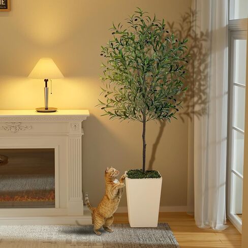 Olive Trees Artificial Indoor 6ft, Tall Faux Silk Plant with Pot, Realistic Leaves and Natural Wood Trunk Fake Trees with Lifelike Fruits for Home Office Decor Bedroom Livingroom Entryway Housewarming in Kuwait