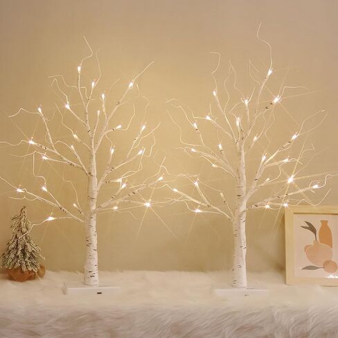 White Birch Tree with LED Lights, Lighted Birch Tree for Tabletop, Battery Operated 24 LED Warm White Tree Lamp, 2FT Mini Christmas Tree Decor for Indoor Home Christmas Decorations (2 Pack, Timer) in Saudi Arabia