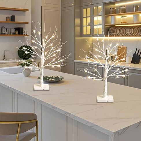 White Birch Tree with LED Lights, Lighted Birch Tree for Tabletop, Battery Operated 24 LED Warm White Tree Lamp, 2FT Mini Christmas Tree Decor for Indoor Home Christmas Decorations (2 Pack, Timer) in Saudi Arabia