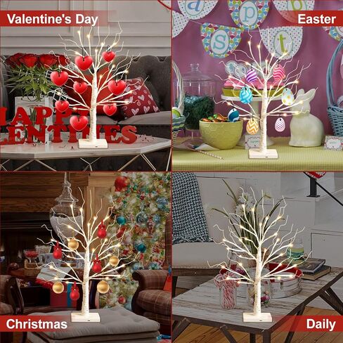 White Birch Tree with LED Lights, Lighted Birch Tree for Tabletop, Battery Operated 24 LED Warm White Tree Lamp, 2FT Mini Christmas Tree Decor for Indoor Home Christmas Decorations (2 Pack, Timer) in Saudi Arabia