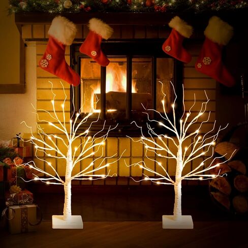 White Birch Tree with LED Lights, Lighted Birch Tree for Tabletop, Battery Operated 24 LED Warm White Tree Lamp, 2FT Mini Christmas Tree Decor for Indoor Home Christmas Decorations (2 Pack, Timer) in Saudi Arabia