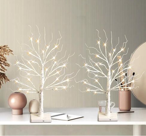 White Birch Tree with LED Lights, Lighted Birch Tree for Tabletop, Battery Operated 24 LED Warm White Tree Lamp, 2FT Mini Christmas Tree Decor for Indoor Home Christmas Decorations (2 Pack, Timer) in Saudi Arabia