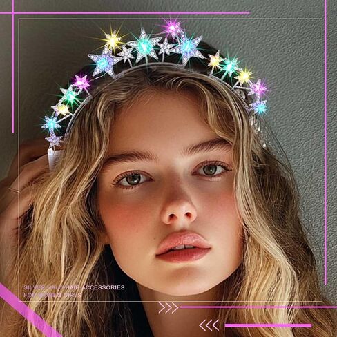 Light Up Stars Halo Crowns LED RINESTONSTS HALO HALO FLUGHED PEARL Star Hairbands Glitter Rave Hair Association for Women (Silver 2 ، One Size) in Kuwait