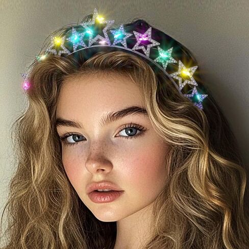 Light Up Stars Halo Crowns LED RINESTONSTS HALO HALO FLUGHED PEARL Star Hairbands Glitter Rave Hair Association for Women (Silver 2 ، One Size) in Kuwait