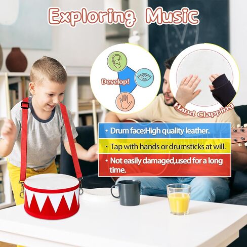 Kids Drum Set,8 Inch Wooden Drum Toys,Educational Baby Drum Toys with an Adjustable Strap and 2 Drumsticks,Sensory Musical Instrument Drum for Toddler,Kids,Boys & Girls in Kuwait