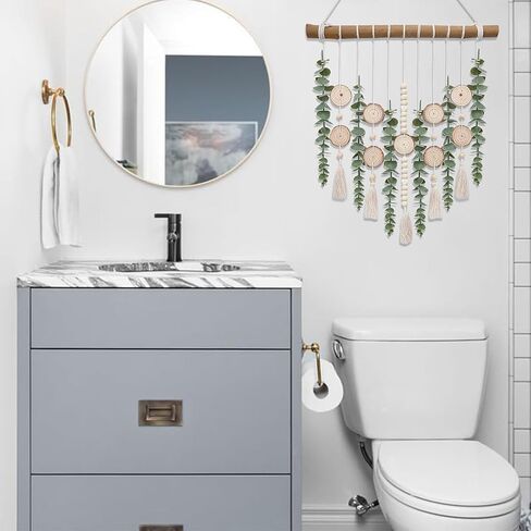 Bathroom Decor Artificial Eucalyptus Greenery Hanging Wall Decor Faux Eucalyptus Leaves Hanging Plant with Wooden Stick with Rustic Farmhouse for Bedroom Nursery Boho Home Decorations in Kuwait