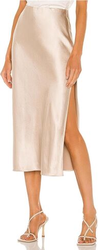 Women's Satin Silk High Waist Slit Midi Skirt Elastic Waistband Midi Skirts A Line Elegant Work Skirt in Saudi Arabia