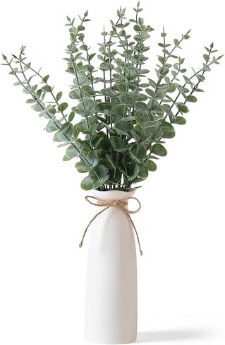 Vase with Greenery, 20pcs Artificial EucalyptusStems in White Vase, Boho Home Decor Plant, 19" Decorative Fake Plants for Home Farmhouse Mantle Centerpiece Decor in Saudi Arabia