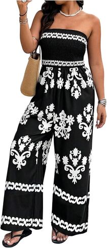 Wdirara Women's Plus Size Floral Smoocked Britless Tube Phemsuit Boho Summer Valants Wide in Kuwait