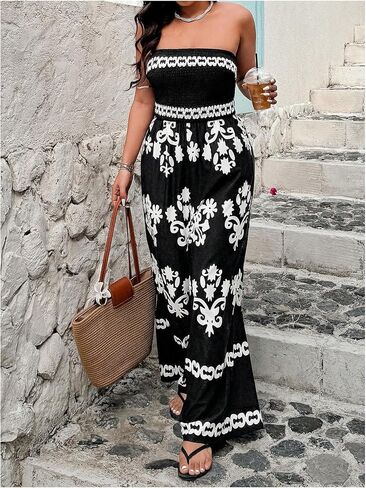 Wdirara Women's Plus Size Floral Smoocked Britless Tube Phemsuit Boho Summer Valants Wide in Kuwait