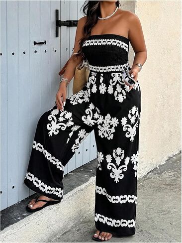 Wdirara Women's Plus Size Floral Smoocked Britless Tube Phemsuit Boho Summer Valants Wide in Saudi Arabia