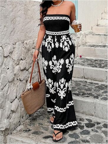 Wdirara Women's Plus Size Floral Smoocked Britless Tube Phemsuit Boho Summer Valants Wide in Saudi Arabia