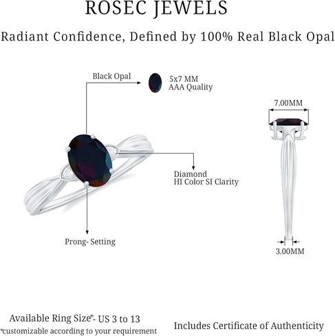 Natural Black Opal Oval Engagement Ring with HI-SI Diamond, Certified 5X7 MM Black Opal, October Birthstone Ring in Saudi Arabia