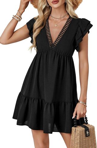 LYANER Women's Deep V Neck Ruffle Short Sleeve A Line Swing Flared Cocktail Party Mini Dress in Kuwait