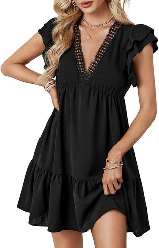 LYANER Women's Deep V Neck Ruffle Short Sleeve A Line Swing Flared Cocktail Party Mini Dress in Kuwait