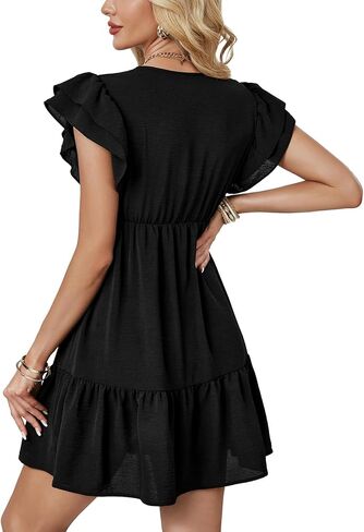 LYANER Women's Deep V Neck Ruffle Short Sleeve A Line Swing Flared Cocktail Party Mini Dress in Kuwait