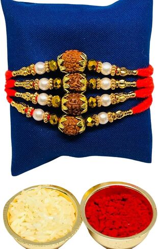 مجموعة Khandekar من 4 Rudraksha Rakhi للأخ ، المصمم Rakhi مجموعة لراكشا بانهان ، Rakhi Throug in Kuwait
