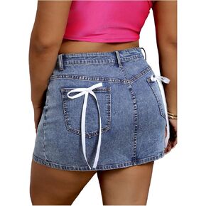 Wdirara Women's Plus Size Bow Knot Denim Mini Mini Skirty Stready High Pheacted Bodycon Jean تنانير in Kuwait