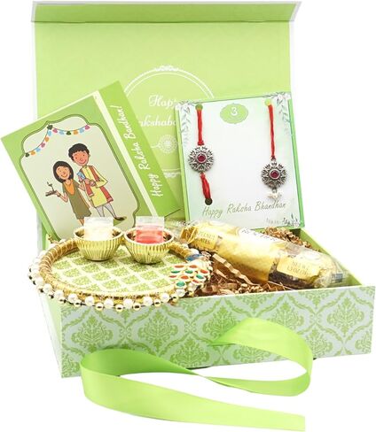Rakhi Giftbox | Premium Bhaiya Bhabhi Rakhi Giftbox مع مجموعة Rakhi Red Silver ، Choco ، Pooja Thali ، Roli Chawal وبطاقة تحية مسبقة | مجموعة الهدايا راخي in Kuwait