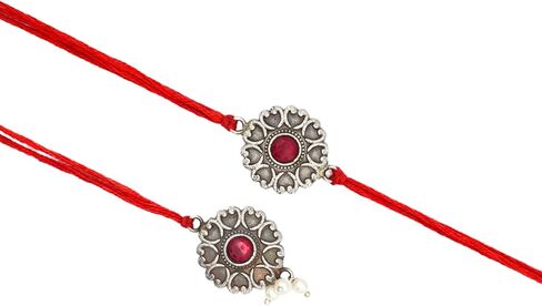 Rakhi Giftbox | Premium Bhaiya Bhabhi Rakhi Giftbox مع مجموعة Rakhi Red Silver ، Choco ، Pooja Thali ، Roli Chawal وبطاقة تحية مسبقة | مجموعة الهدايا راخي in Kuwait