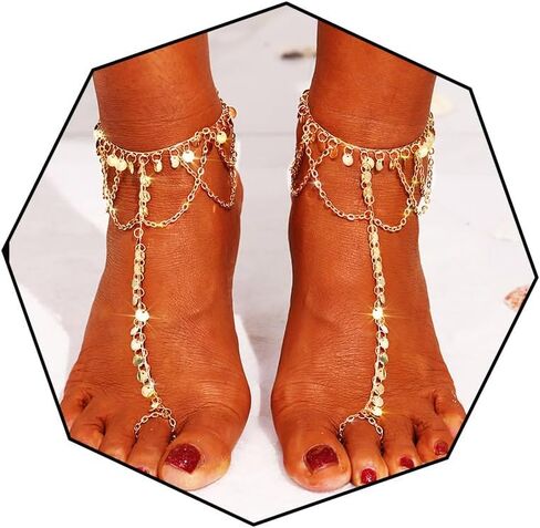 Ursumy 2PS Gold Ankle Bracelets Layered Sequins Anklet Barefoot Sandals Ankle for Women in Kuwait