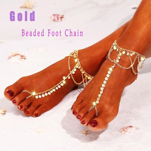Ursumy 2PS Gold Ankle Bracelets Layered Sequins Anklet Barefoot Sandals Ankle for Women in Kuwait