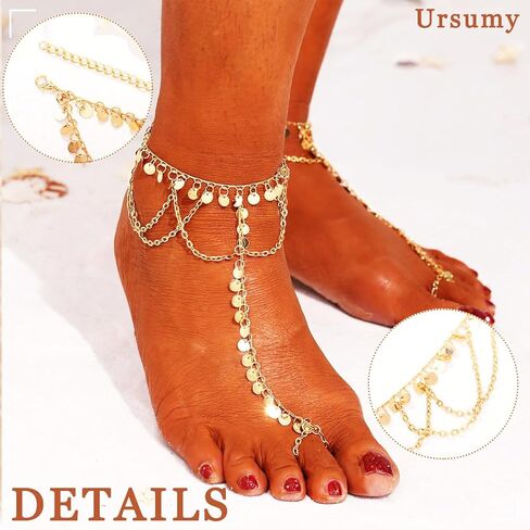 Ursumy 2PS Gold Ankle Bracelets Layered Sequins Anklet Barefoot Sandals Ankle for Women in Kuwait