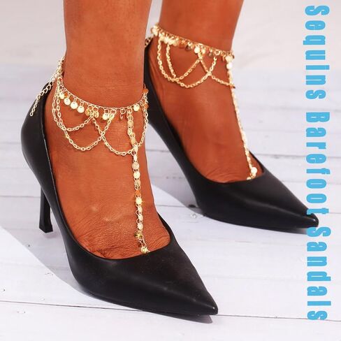 Ursumy 2PS Gold Ankle Bracelets Layered Sequins Anklet Barefoot Sandals Ankle for Women in Kuwait