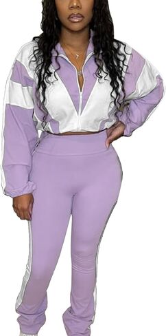 Women 2 Piece Outfit Long Sleeve Zip Up Crop Jacket High Waist Stretchy Pants in Saudi Arabia