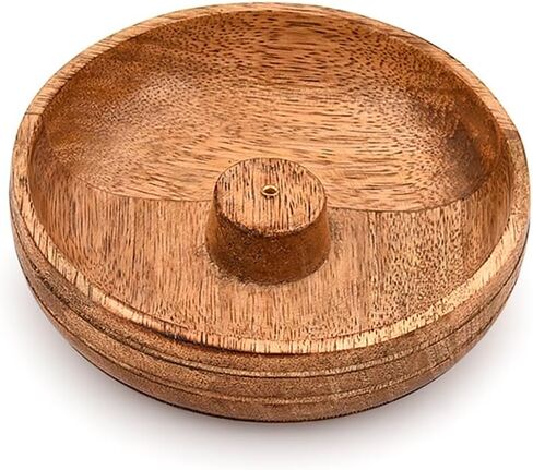 البخور Hoder Mango Wood Round Round Holder و Ash Catcher لديكور المنزل المثالي للتأمل ، حرق البخور (5 "× 5" × 1.5 ") in Saudi Arabia